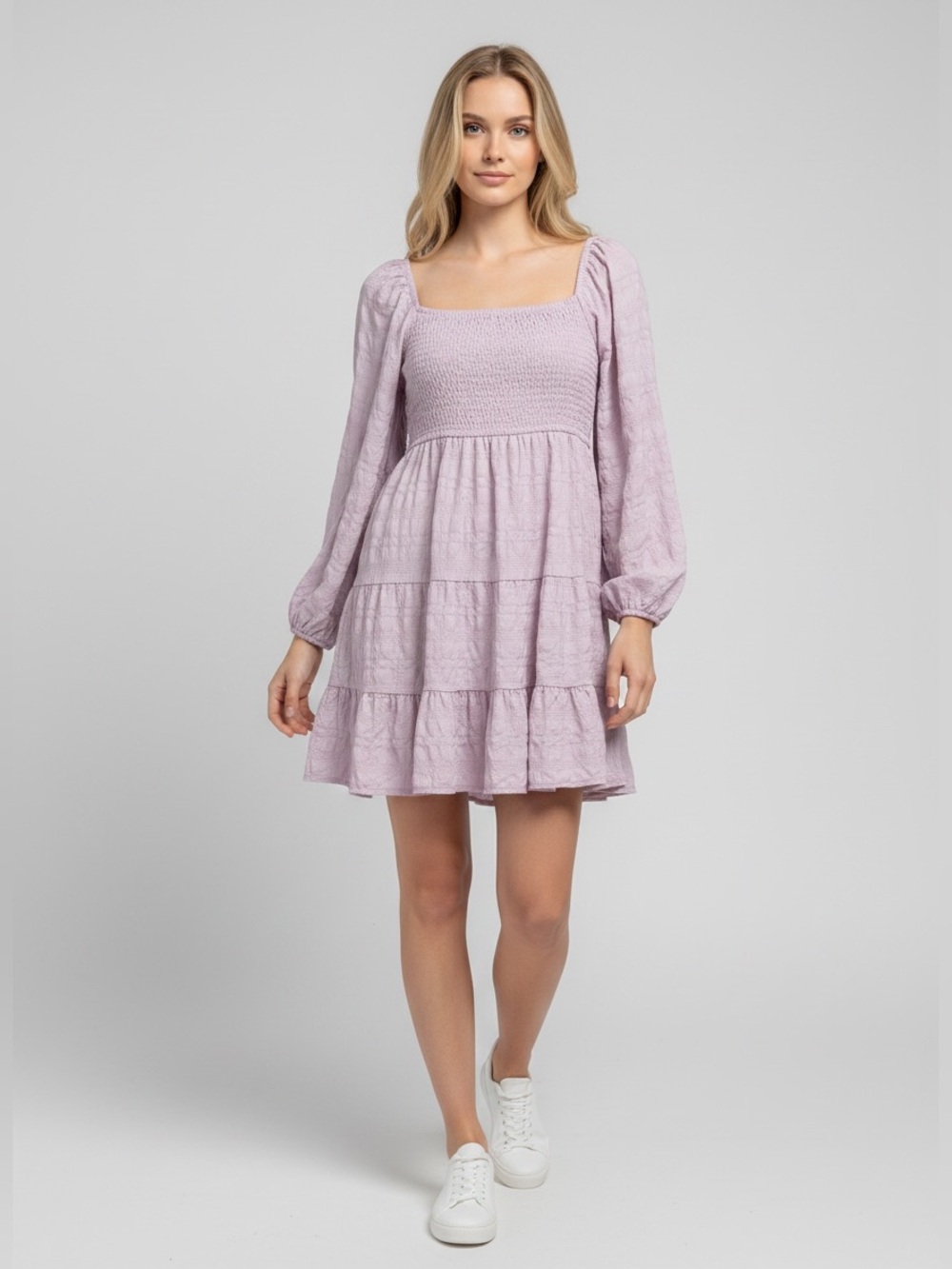 Free For All Lavender Smocked Square-Neck Tiered Mini Dress